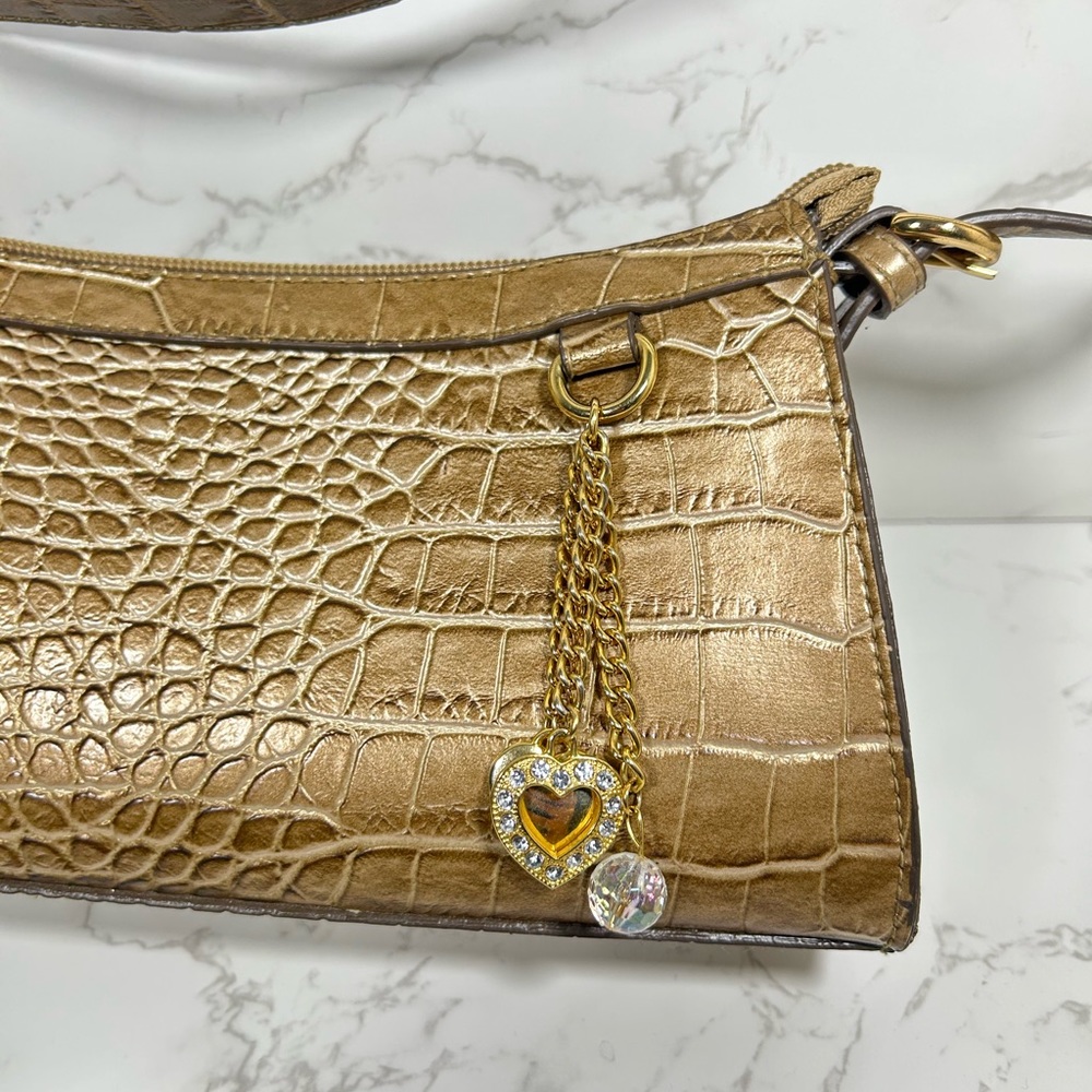 Vintage Worthington Gold Faux Alligator Print Small Shoulder Bag With Strap. - Picture 3 of 5